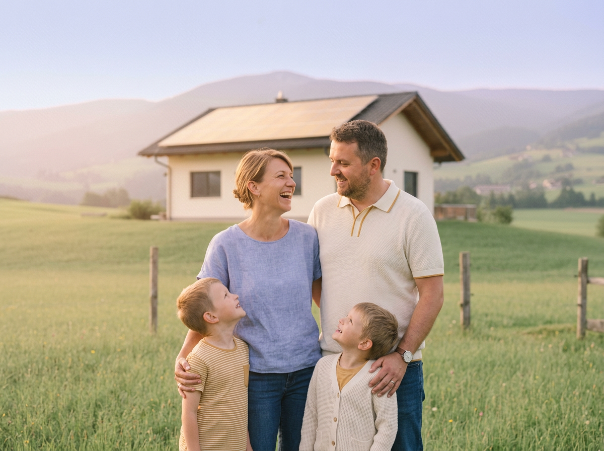 Familie vor ihrem Haus