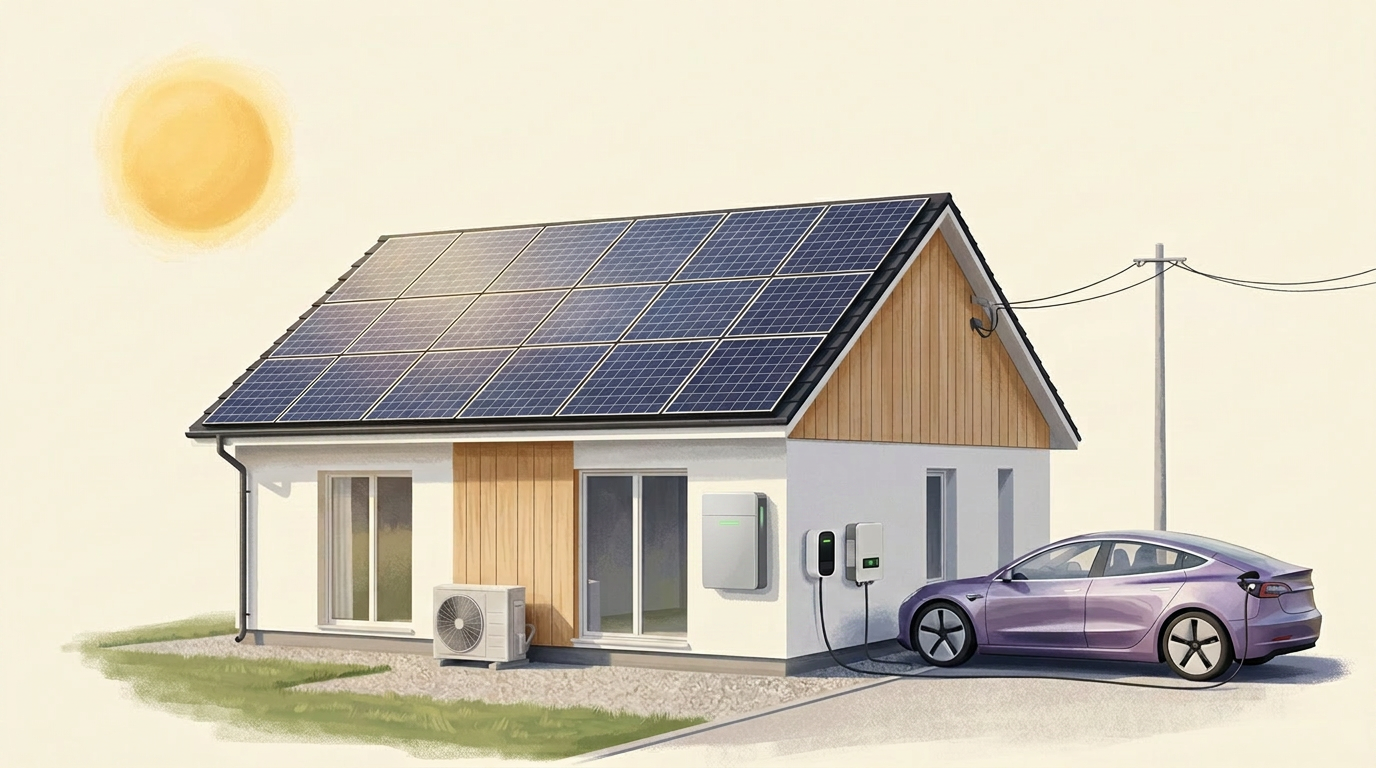 Schematische Darstellung des Photovoltaik-Prozesses in einem Einfamilienhaus